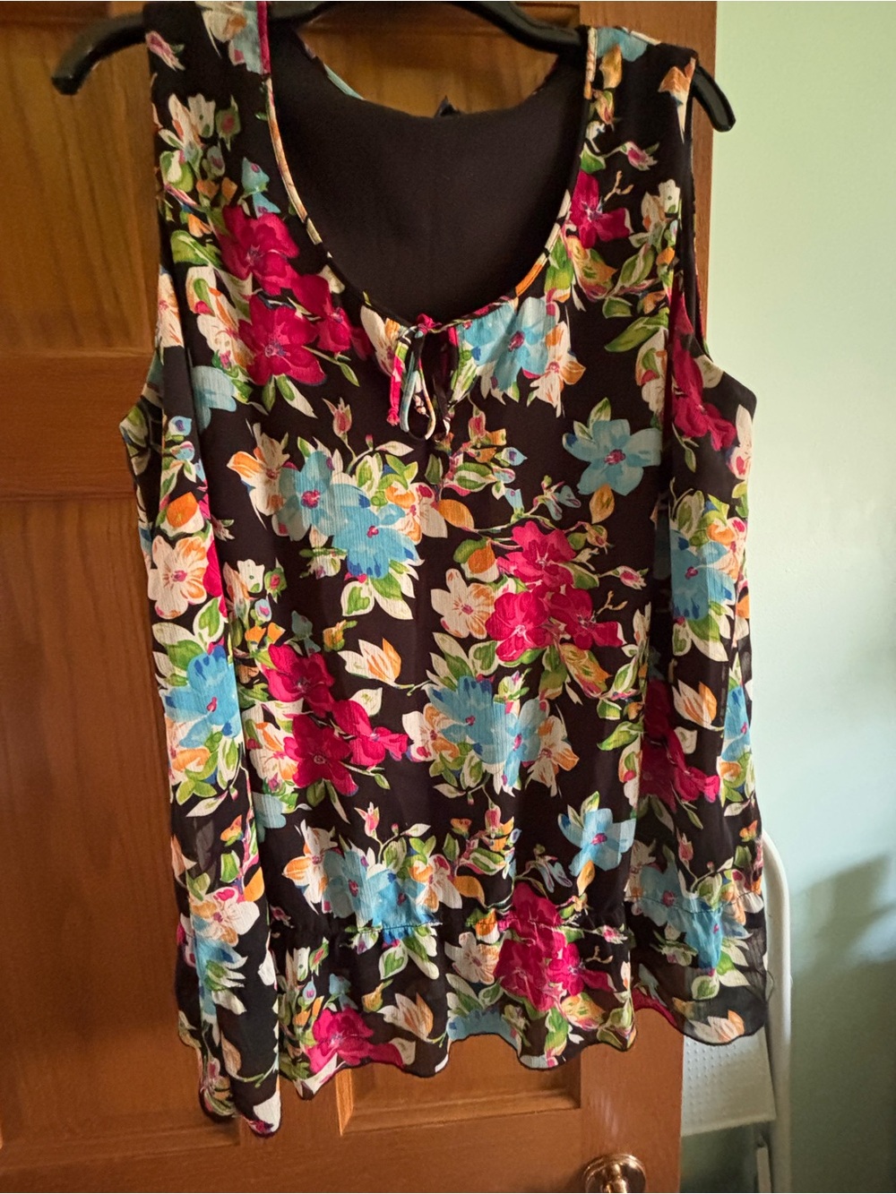 Reitmans Black Floral Tank with Pink & Blue Blooms